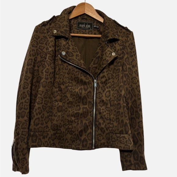 Women's Faux Suede Leopard Print Moto Jacket Full Zip Sm Boho Biker Zip Cuffs - Picture 1 of 6